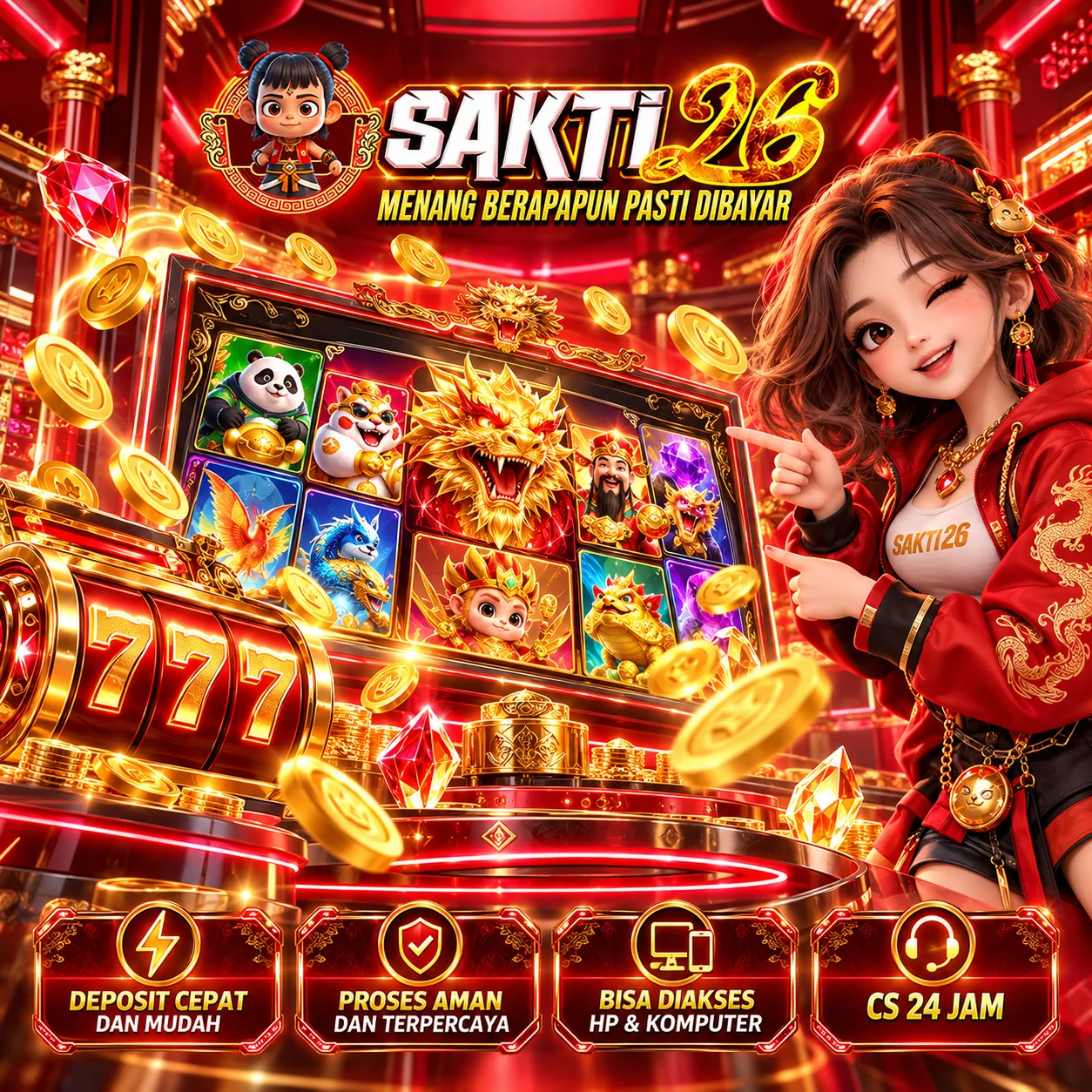 Banner SAKTI26 HOKI rasio persegi, ilustrasi hiburan game digital